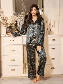 LuxeNights Elegant Tiger Print Faux Silk Long Sleeve Top & Pants Women Pajama Set Night Wear Women Night Suits For Women Women Lounge Wear , Winter Clothes - Army Green - View 6