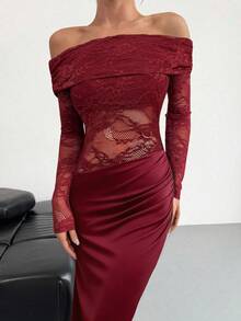 Firerie 优雅性感极简时尚魅力情人节新年派对约会露肩纹理网纱透视褶皱低腰修身红色长袖连衣裙 - 酒紅色 - 查看 9