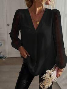 Plus Size Women V-Neck Color Block Mesh Lantern Sleeve Blouse Fall Cloth For Women - Black - View 3