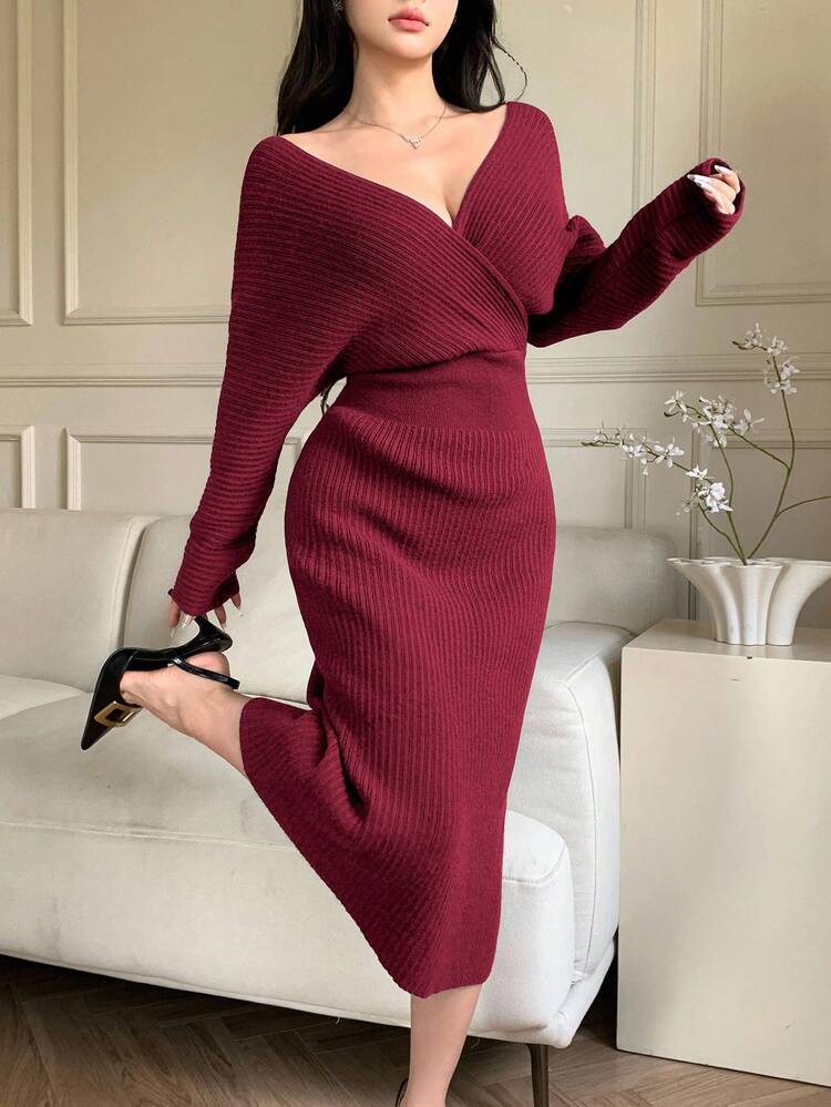 Women's Solid Color Overlap V-Neck Batwing Long Sleeve Fitted Elegant Knit Dress, Autumn/Winter