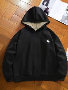 Manfinity Homme 男士保暖休闲宽松连帽衫，秋冬黑色印花长袖上衣 - 黑色 - 查看 3