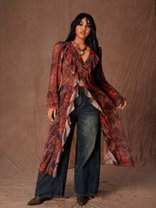 Rustia Party Plus Size Mesh Printed Ruffle Hem Long Sleeve Long Shirt - Multicolor - View 2