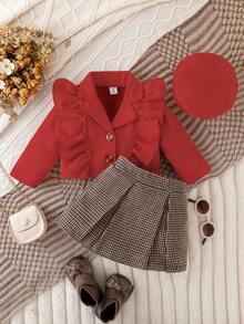 SHEIN Conjunto de falda y sombrero para niñas, primavera/otoño - Rojo - Ver 3
