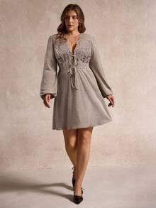 Elegantrix Women's Patchwork Lace Party Dress, Autumn/Winter - Apricot - View 5