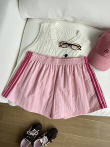 Comfortcana 大码夏季休闲运动撞色腰带短裤女款粉色运动短裤运动短裤女款短裙 - 粉色 - 查看 2