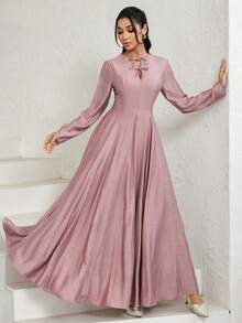 Veilorie Women's Elegant Solid Color Flared Arabic Style Dress - Dusty Pink - View 1