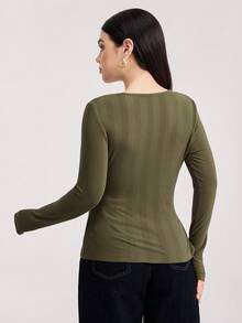Veilorie 女士休闲圆领长袖T恤 - 軍綠色 - 查看 3