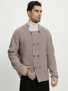 Męski, jednokolorowy, elegancki, dwurzędowy kardigan z długim rękawem, jesień/zima - Morela - Zobacz 5
