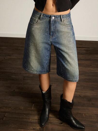 Easelle 女士时尚水钻装饰低腰阔腿牛仔短裤