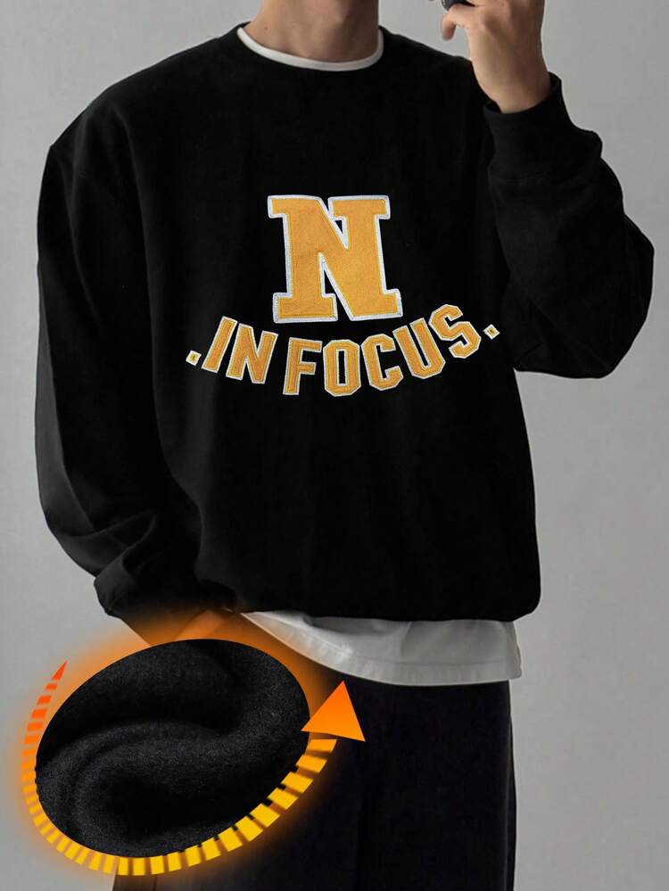Men's Autumn/Winter Thermal-Lined Sweatshirt With Contrast Color And Letter Embroidery, Crew Neck