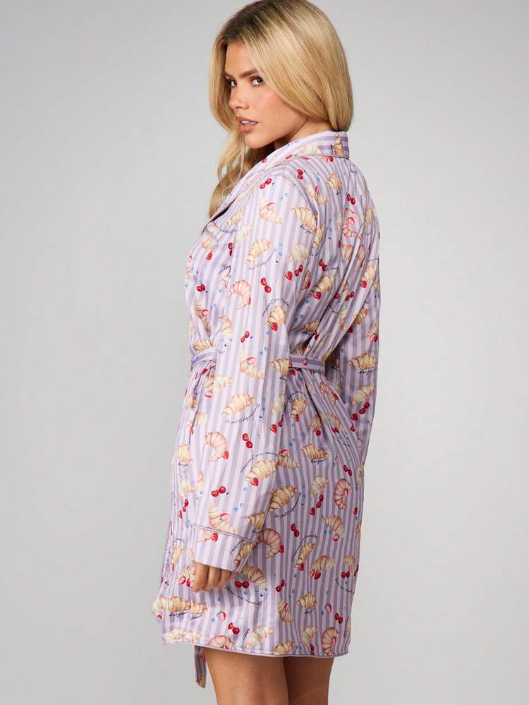 MISSGUIDED Croissant Cherry Striped Robe With Belt Long Sleeve Pajama Loungewear Nightwear