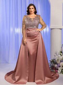 SHEIN Belle 大码优雅撞色网纱贴花长袖V领奢华亮片拼接缎面高腰鱼尾拼接夸张连衣裙，适合晚宴、单身派对、约会、度假、舞会、婚礼、正式场合（加厚款）、婚纱、情人节等场合。 - 藕粉色 - 查看 6