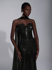 Elitara Elegant Luxurious Deep Red Beaded Embroidered Handmade Drawstring Seashell Collar Slit A-Line Fish Tail Dress With Ribbons For Women,Formal Gown - Black - View 6