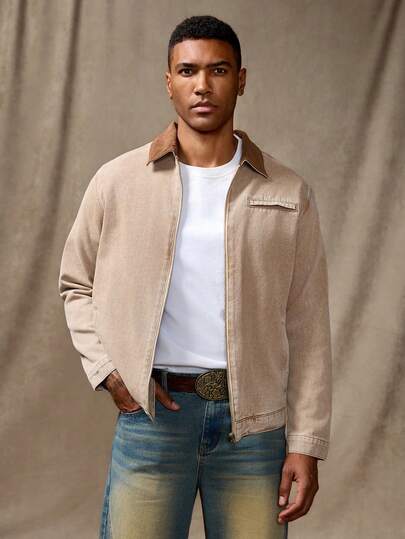 RivetRise Casual Washed Workwear Mature Earth Tone Corduroy Collar Fitted Denim Long Sleeve Jacket, Hang Out Chore Jacket For Western