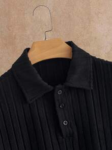 HIMLAND Men's Casual Ribbed Knit Solid Color Short Sleeve Polo Shirt And Pants Set, Suitable For Spring, Summer, Autumn Men Casual Top And Bottom Set Men 2 Piece Set Men Black Two Piece Set Men Co Ord Set - Black - View 4