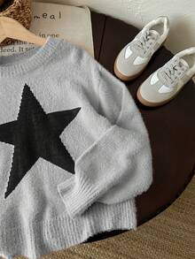 Tween Girl Star Pattern Round Neck Drop Shoulder Sweater, Sibling - Grey - View 6
