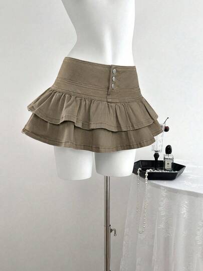 Elamini 女士休闲时尚街头风简约纯色宽腰带层叠荷叶边牛仔迷你裙，夏季