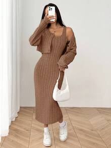 SHEIN EZwear Women's New Autumn Ribbed Knit Drop Shoulder Button Front Jacket And Bodycon Mid-Length Dress Set Knit Two Piece Set Brown Sweater Brown Two Piece Set Women Comfortable Two Piece Set - Camel - View 3