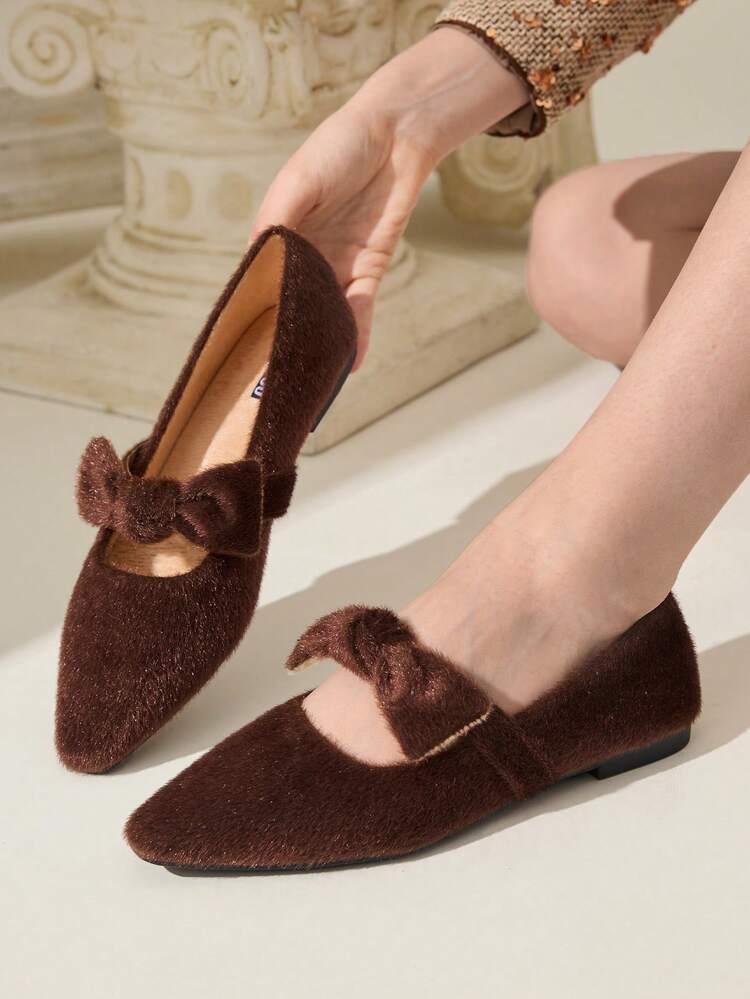 CUCCOO CHICEST New Autumn/Winter Plush Bohemian Style Big Bow Decor Casual Comfortable Versatile Slip-On Square Toe Flat Shoes For Women For Christmas