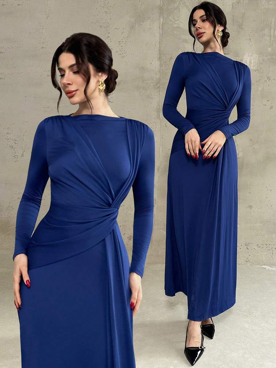 Firerie Đầm dài tay trang trọng tối giản lãng mạn thanh lịch dành cho nữ kèm dây thắt lưng, thích hợp cho các buổi hẹn hò, tiệc tùng, năm mới, ngày lễ tình nhân, đi làm, màu xanh navy