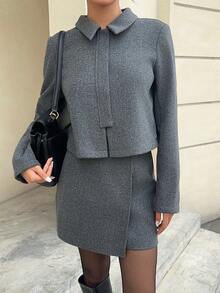 Siren Gaze Conjunto elegante de 2 piezas con blusa de manga larga de cuello y falda midi de dobladillo asimétrico de unicolor para mujer - Gris - Ver 4