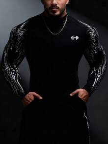 Manfinity Sport PWRUP Men's Graphic Print Stand Collar Slim Fit Long Sleeve Athletic T-Shirt Rash Guard Men Compression Long Sleeve Turtle Neck Compression Shirt Men Compression Shirts Compression Top