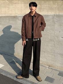 DAZY 男士加厚纯棕色麂皮绒夹克，秋冬季 - 鏽棕色 - 查看 4