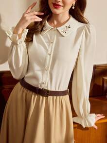 Vintamour Áo kiểu nữ cổ điển thanh lịch thêu nút, viền bèo nhún, thích hợp cho kỳ nghỉ đông, Giáng sinh và năm mới. - Màu be - Xem 3