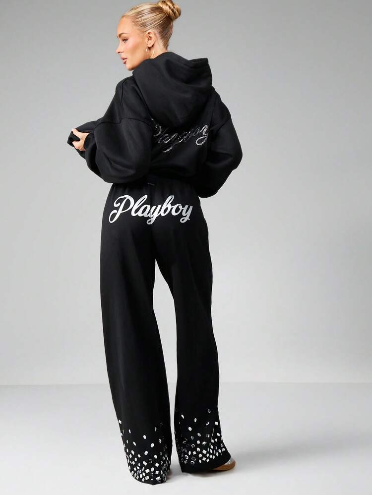Missguided x Playboy ラインストーン付きヘム&ロゴ入り ワイドレッグジョガーパンツ カジュアルルームウェア 快適