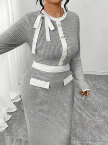 SHEIN Elenzya 女士秋冬拼接撞色纽扣装饰蝴蝶结圆领长袖连衣裙 - 灰色 - 查看 5