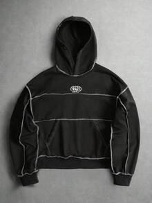 ROMWE MEN Casual Men's Loose Fit Contrast Color Patchwork Hoodie - Black - View 1