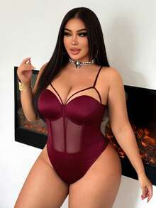SHEIN SXY 大码女士性感酒红色吊带网纱拼接紧身胸衣连体衣，适合街头、休闲、性感、日常旅行、购物、约会等场合，清爽舒适，易于搭配，显瘦，凸显身材，修饰身形。 - 酒紅色 - 查看 7