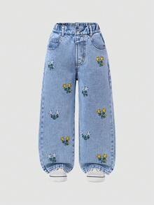 SHEIN Explorewe 少女时尚雪花水洗花卉刺绣阔腿牛仔裤，Y2K 阔腿牛仔裤，宽松牛仔裤，休闲牛仔裤，2026 新款美学青春牛仔裤，2026 新款上市，浅色水洗牛仔布搭配花卉刺绣，休闲直筒裤，适合度假、日常出行、上学、聚会、圣诞节等各种场合。花卉刺绣休闲阔腿破洞水洗牛仔裤，适合春、夏、秋、冬四季穿着。 - 藍色 - 查看 7