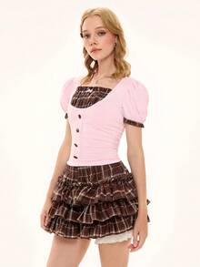 ROMWE Kawaii 女士格子泡泡袖纽扣设计上衣和蛋糕裙裤时尚两件套 - 棕色 - 查看 7