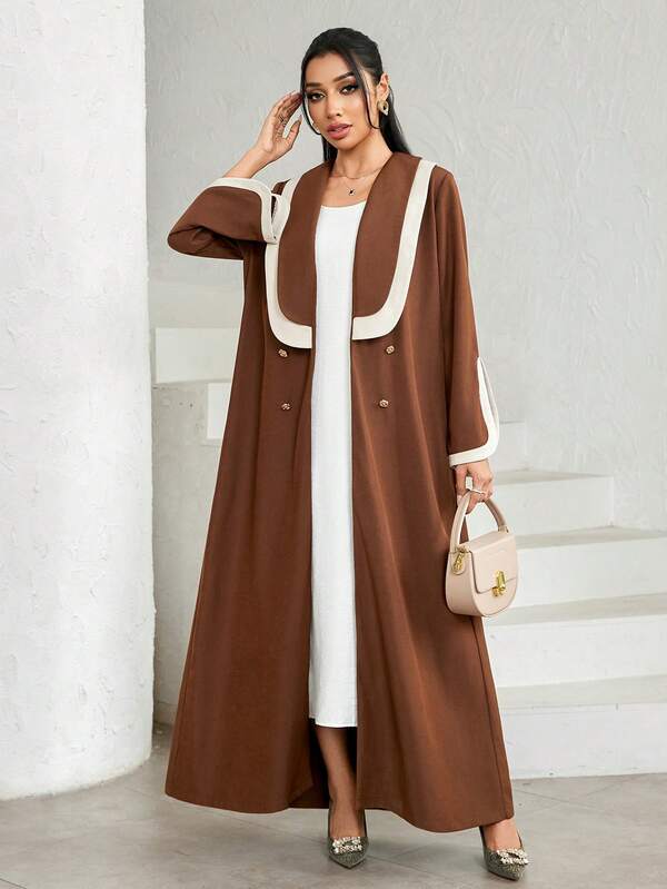 Veilorie Women's Elegant Commuter Contrast Color Patchwork Double-Breasted Extra Long Abaya