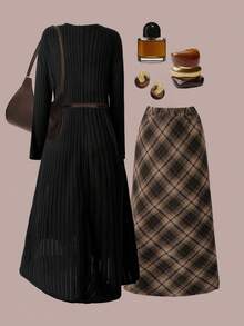 SHEIN Clasi 女士秋冬圆领开衩针织上衣和格子裙两件套 - 彩色 - 查看 2