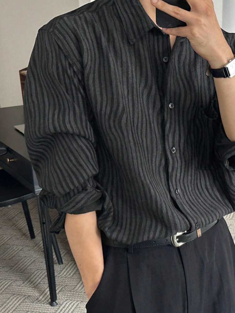 Men's Suede-Like Fabric Digital Print Striped Black Shirt, Autumn/Winter