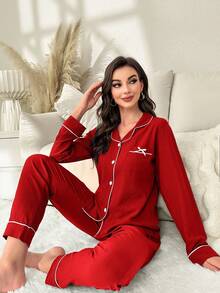 SHEIN Bow Decor Contrast Trim Front Button Long Sleeve Top And Pants Pajama Set Women Red Pajamas For Women Sleepwear 2 Pieces Set, Fall & Winter Clothes