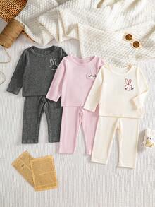 SHEIN 3pcs Baby Girls Casual Comfortable Set: Cute Rabbit Print Long Sleeve Top + Fitted Knit Pants, Autumn/Winter - Multicolor - View 1