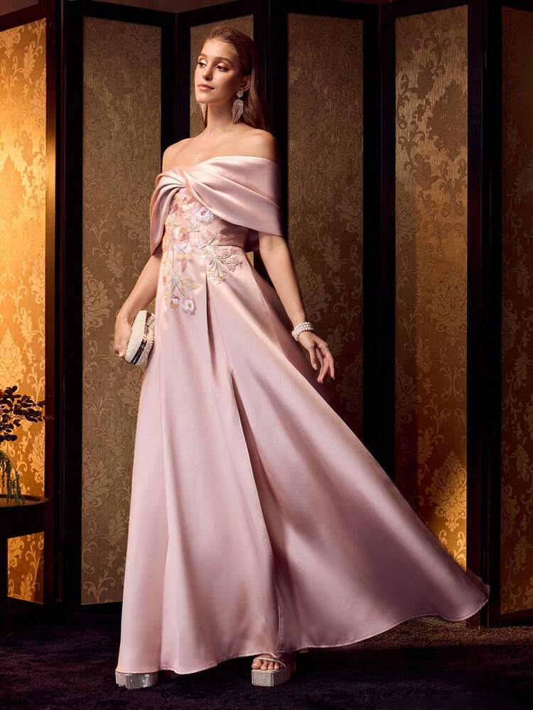 MOTF Soiréza WOMEN'S ELEGANT OFF-THE-SHOULDER FLOOR-LENGTH SATIN EVENING GOWN – SPARKLY SEQUIN FLORAL EMBROIDERY WITH GREEN LEAVES, FITTED SILHOUETTE FOR WEDDINGS, GALAS & FORMAL EVENTS & BLACK TIE GALAS, RED CARPET EVENTS, LUXURY WEDDING RECEPTIONS, AND AWARD CEREMONIES WEDDING PROM DRESS & FORMAL PARTIES