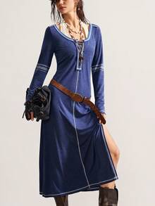 Bohemela Váy ôm cổ tròn tay dài dệt kim chắp vá thông thường dành cho nữ - Màu xanh hải quân - Xem 5