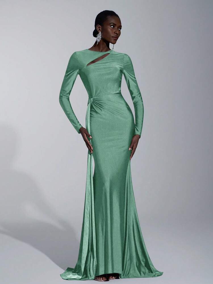 Elitara Elegant,Sage Green,Spring,Formal,Evening,Wedding Guest Knitted Dress,Long Sleeve Hollow-Out Fishtail Hem Stretchy Minimalist Dress - Matcha green - View 7