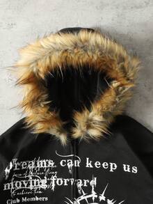 ROMWE MEN Men's Fleece Collar Anime Printed Hooded Cardigan, Loose Fit - Black - View 4