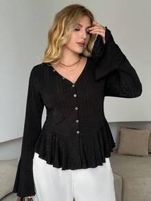 Modelyn Women's V-Neck Flare Sleeve Fashion Elegant Ruffle Trim Fitted Plus Size T-Shirt - Black - View 5