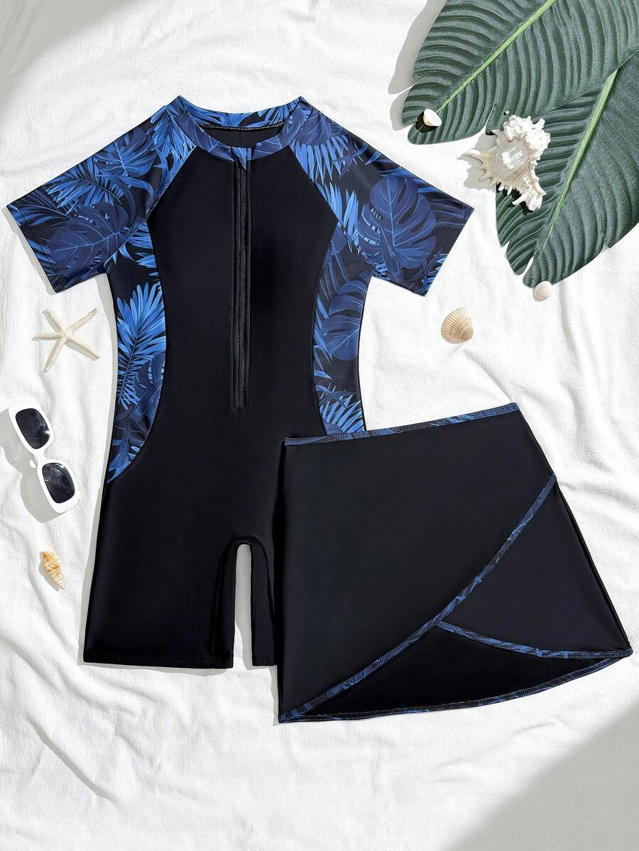 SHEIN 少女热带印花拼接连体泳衣，前交叉镂空设计，搭配裙子两件套 - 彩色 - 查看 1