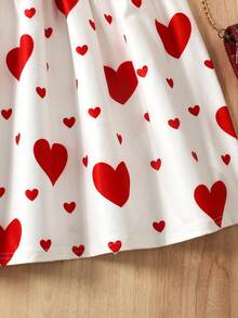 SHEIN 少女亲子休闲舒适圆领心形图案节日家庭聚会红色中长连衣裙 - 紅色 - 查看 6