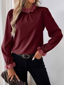 SHEIN Clasi 1 pieza Blusa decorativa de unicolor elegante con cuello y puños para mujer, otoñal - Burdeos - Ver 4