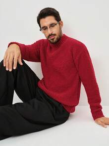 Manfinity CityGents 男士纯色圆领长袖休闲毛衣，秋冬季 - 紅色 - 查看 1