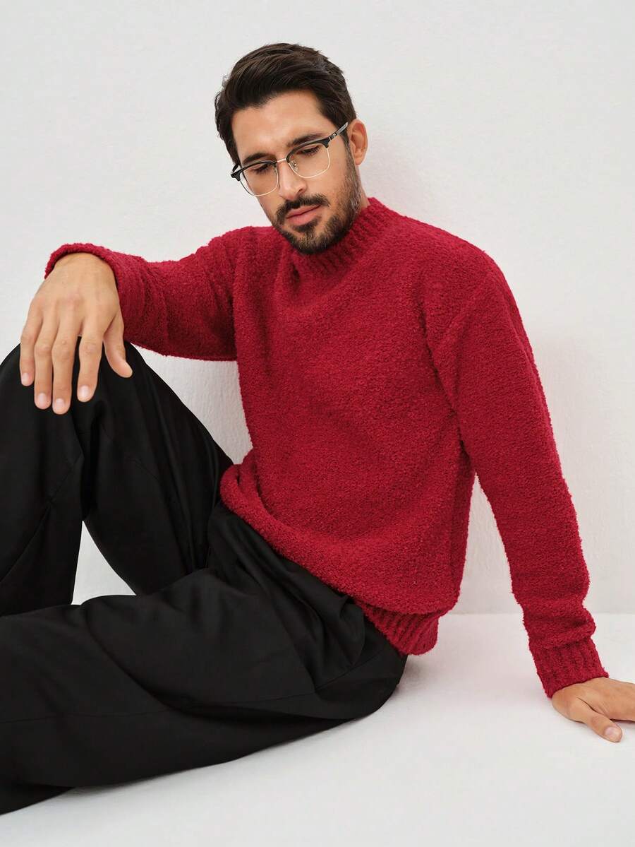 Manfinity CityGents 男士纯色圆领长袖休闲毛衣，秋冬季 - 紅色 - 查看 1