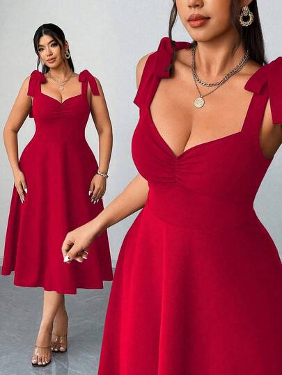 Elenzga Plus Size Women's V-Neck Ruched Waist Slit Elegant Romantic Red Party Dress, Spring/Autumn